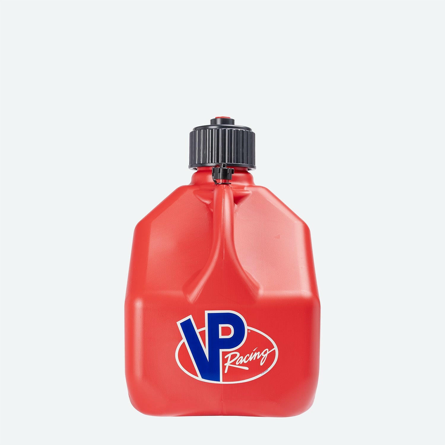 A red, square Motorsport Container 3-Gallon utility jug with black cap. Features a red, white, and blue VP Racing logo below the handle