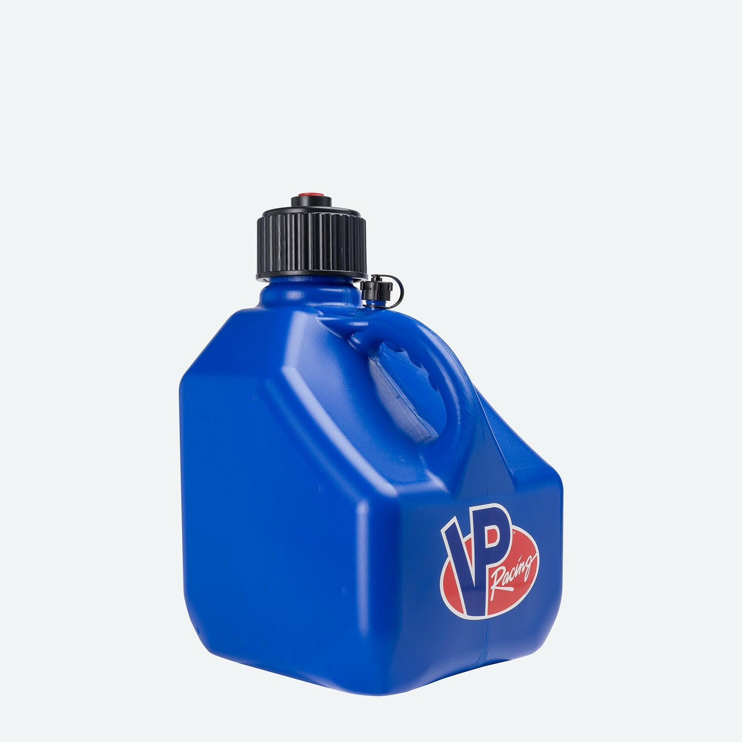 Partial side view of a blue, square PPF VP 3-gallon utility jug with black cap. Features a large red, white, and blue VP Racing logo on one side