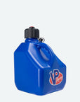 Partial side view of a blue, square PPF VP 3-gallon utility jug with black cap. Features a large red, white, and blue VP Racing logo on one side