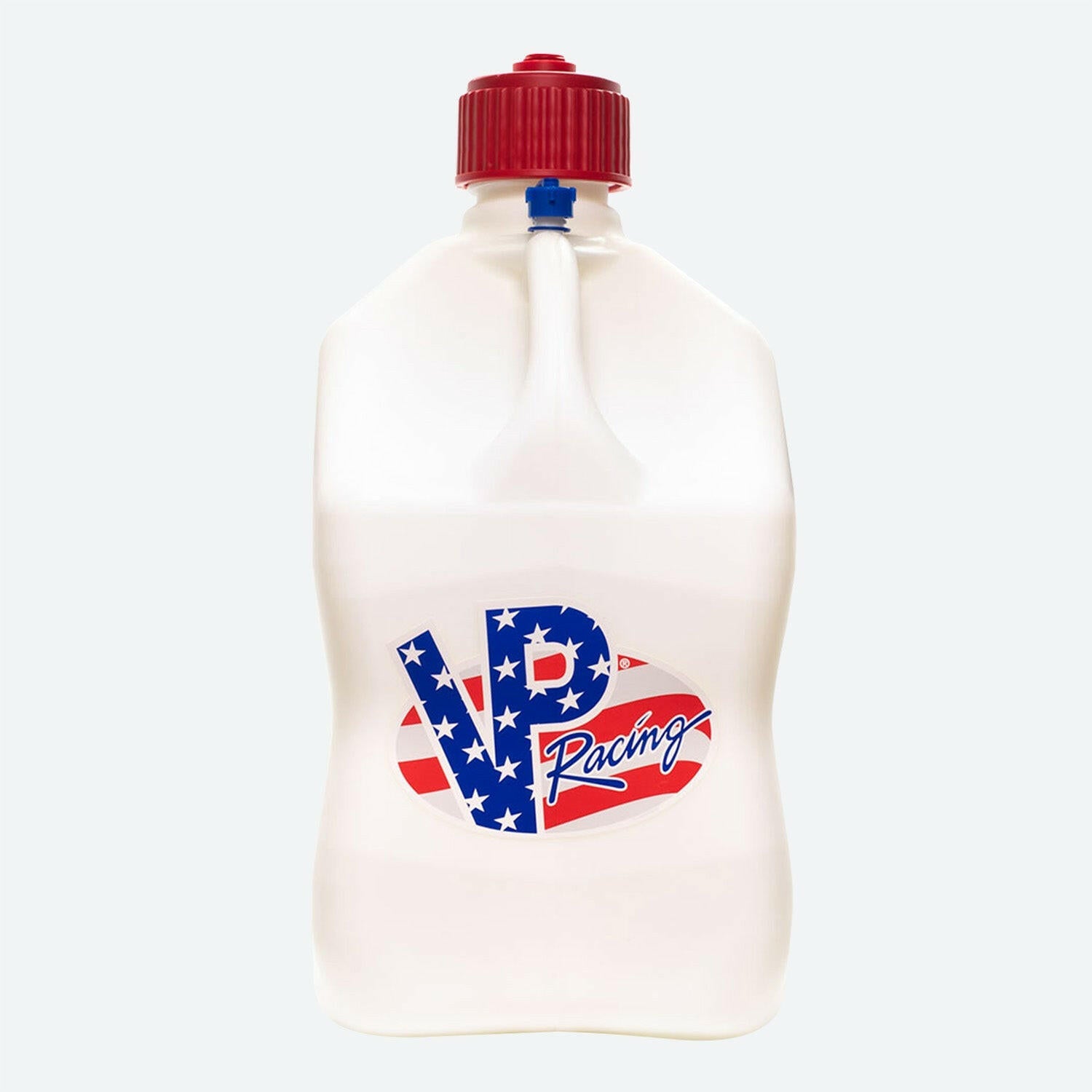 A 5.5-Gallon Motorsport Container® - Square. The utility jug has a red screw cap. It's decorated with the letters VP Racing logo in a blue and white patriotic stars pattern on a red and white striped background.