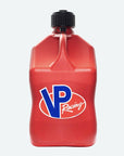 A red plastic 5.5-Gallon Motorsport Container® utility jug - Square with a black screw cap and a spout, featuring the blue and red VP Racing logo on the front.