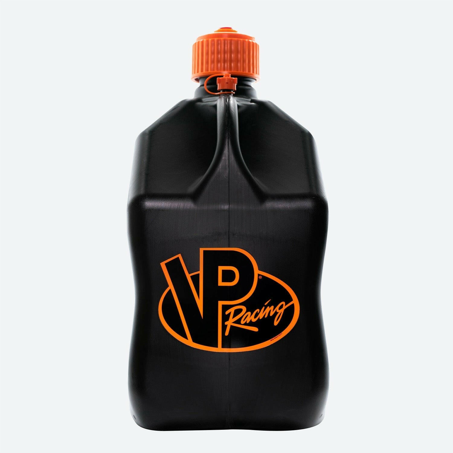 A black 5.5-Gallon Motorsport Container® utility jug - Square with an orange cap and VP Racing logo on the front.