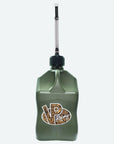 5 gallon utility jug. A green 5.5-Gallon Motorsport Container® pictured with a Deluxe Hose attached to the jug cap..