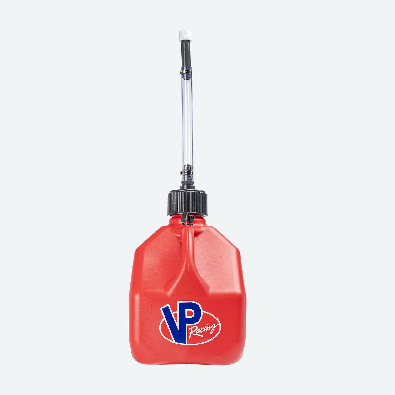 A PPF 3-Gallon Motorsport Container® – Square With Deluxe Hose made of durable red plastic with a black screw-on cap and a clear cylindrical spout with a black fitting. The jug, featuring an ergonomic handle, proudly displays the "VP Racing" logo in blue, white, and red on the front. The background is plain white.
