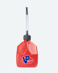 A PPF 3-Gallon Motorsport Container® – Square With Deluxe Hose made of durable red plastic with a black screw-on cap and a clear cylindrical spout with a black fitting. The jug, featuring an ergonomic handle, proudly displays the "VP Racing" logo in blue, white, and red on the front. The background is plain white.