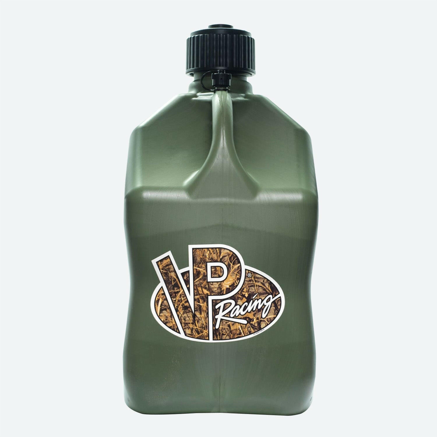 A green, rugged-looking 5.5-Gallon Motorsport Container®  utility jug - Square - with black cap. The front features a bold VP Racing logo with wood-patterned detailing inside the letters.