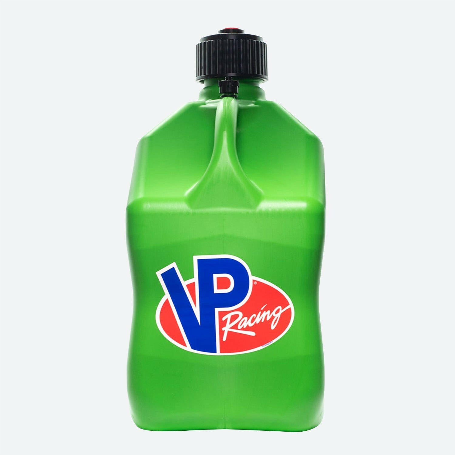 A large green, square 5.5-Gallon Motorsport Container® utility jug with a black cap, featuring the VP Racing logo in blue and red on the front.