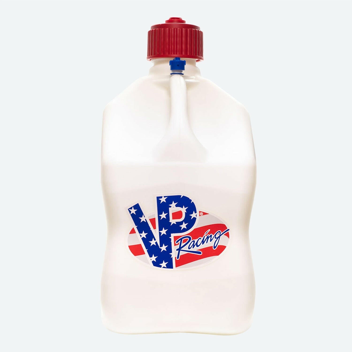 A 5.5-Gallon Motorsport Container® - Square. The utility jug has a red screw cap. It&#39;s decorated with the letters VP Racing logo in a blue and white patriotic stars pattern on a red and white striped background.
