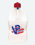 A 5.5-Gallon Motorsport Container® - Square. The utility jug has a red screw cap. It's decorated with the letters VP Racing logo in a blue and white patriotic stars pattern on a red and white striped background.
