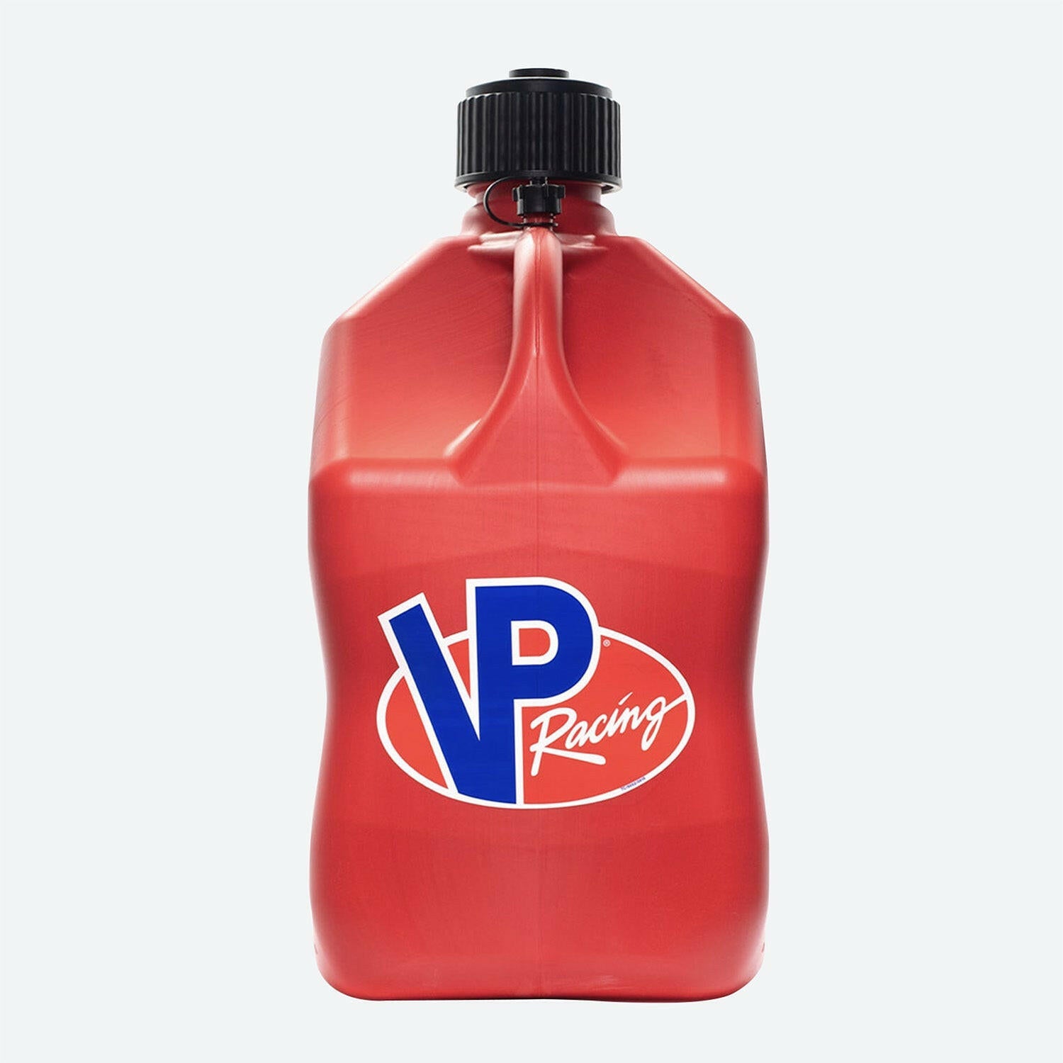 A red plastic 5.5-Gallon Motorsport Container® utility jug - Square with a black screw cap and a spout, featuring the blue and red VP Racing logo on the front.