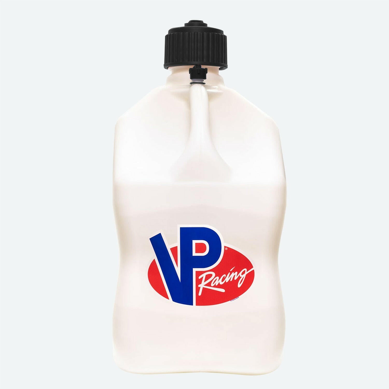 A white plastic 5.5-Gallon Motorsport Container® utility jug - Square with a black screw cap and a spout, featuring the blue and red VP Racing logo on the front.