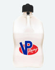 A white plastic 5.5-Gallon Motorsport Container® utility jug - Square with a black screw cap and a spout, featuring the blue and red VP Racing logo on the front.