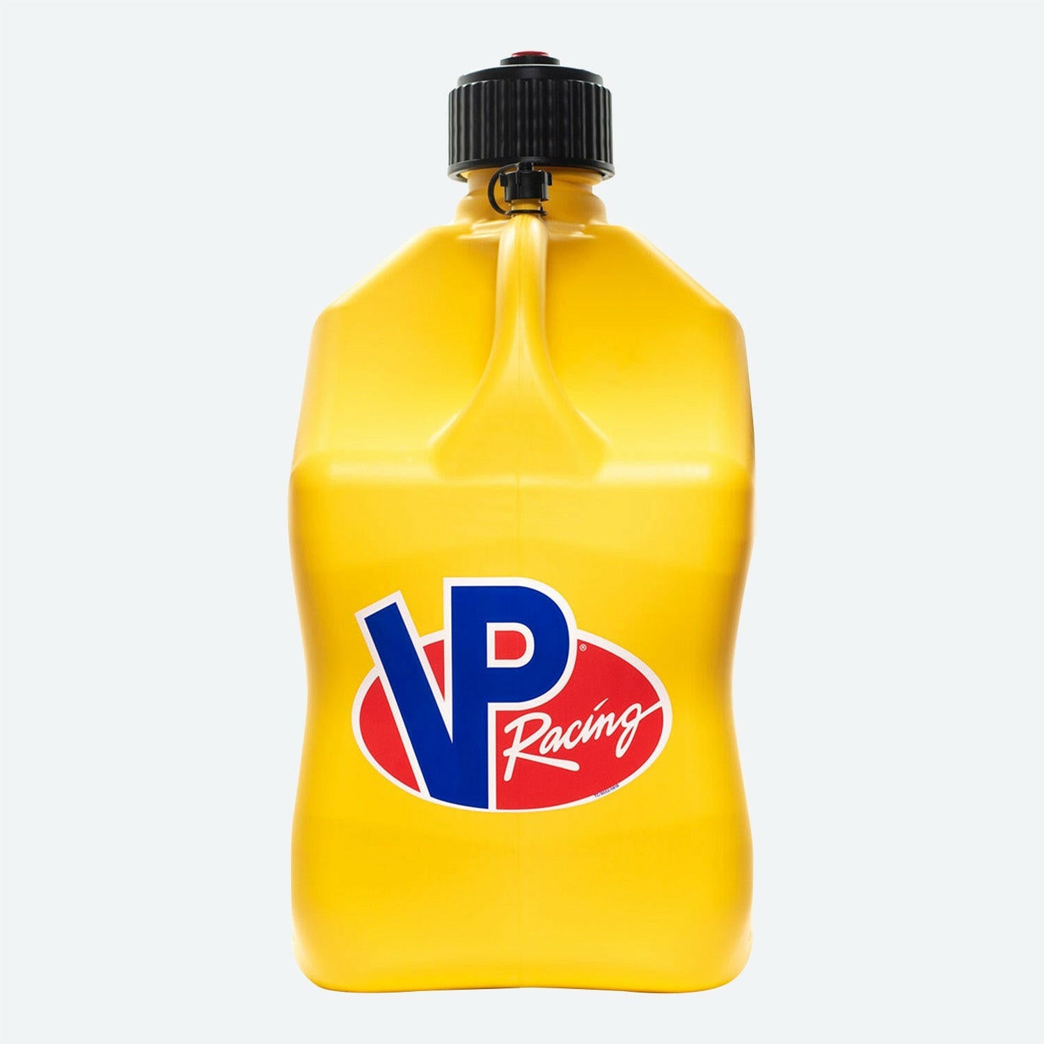 A yellow PPF 5.5-Gallon Motorsport Container® utility jug - Square. with a black cap. It features an oval logo with &quot;VP Racing&quot; in blue and red letters.