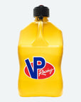 A yellow PPF 5.5-Gallon Motorsport Container® utility jug - Square. with a black cap. It features an oval logo with "VP Racing" in blue and red letters.