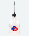 5 gallon utility jug. A white 5.5-Gallon Motorsport Container® pictured with a Deluxe Hose attached to the jug cap..
