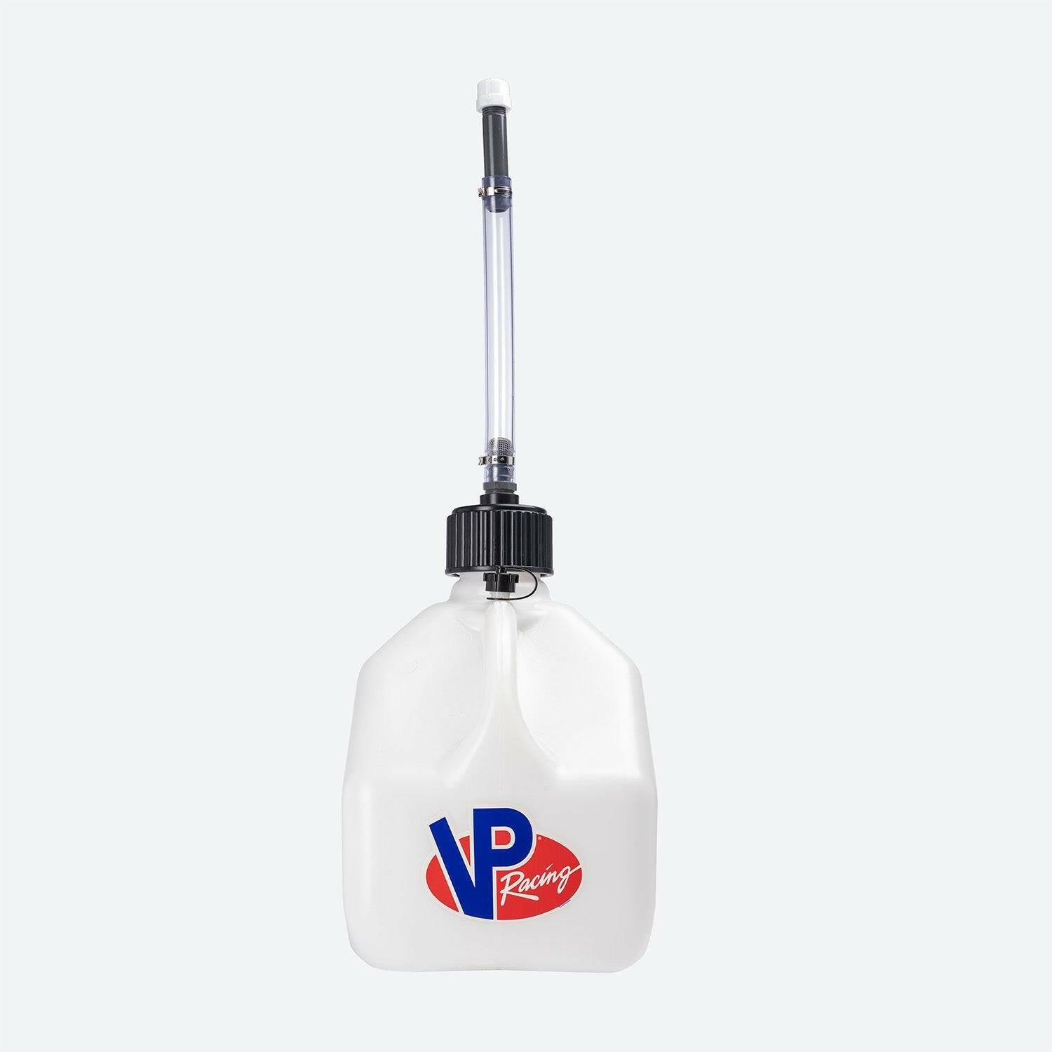 A white, durable plastic jug with a long, clear spout. This 3-Gallon Motorsport Container® – Square With Deluxe Hose features an ergonomic handle for easy pouring and bears the "PPF" logo in blue and red on the front.